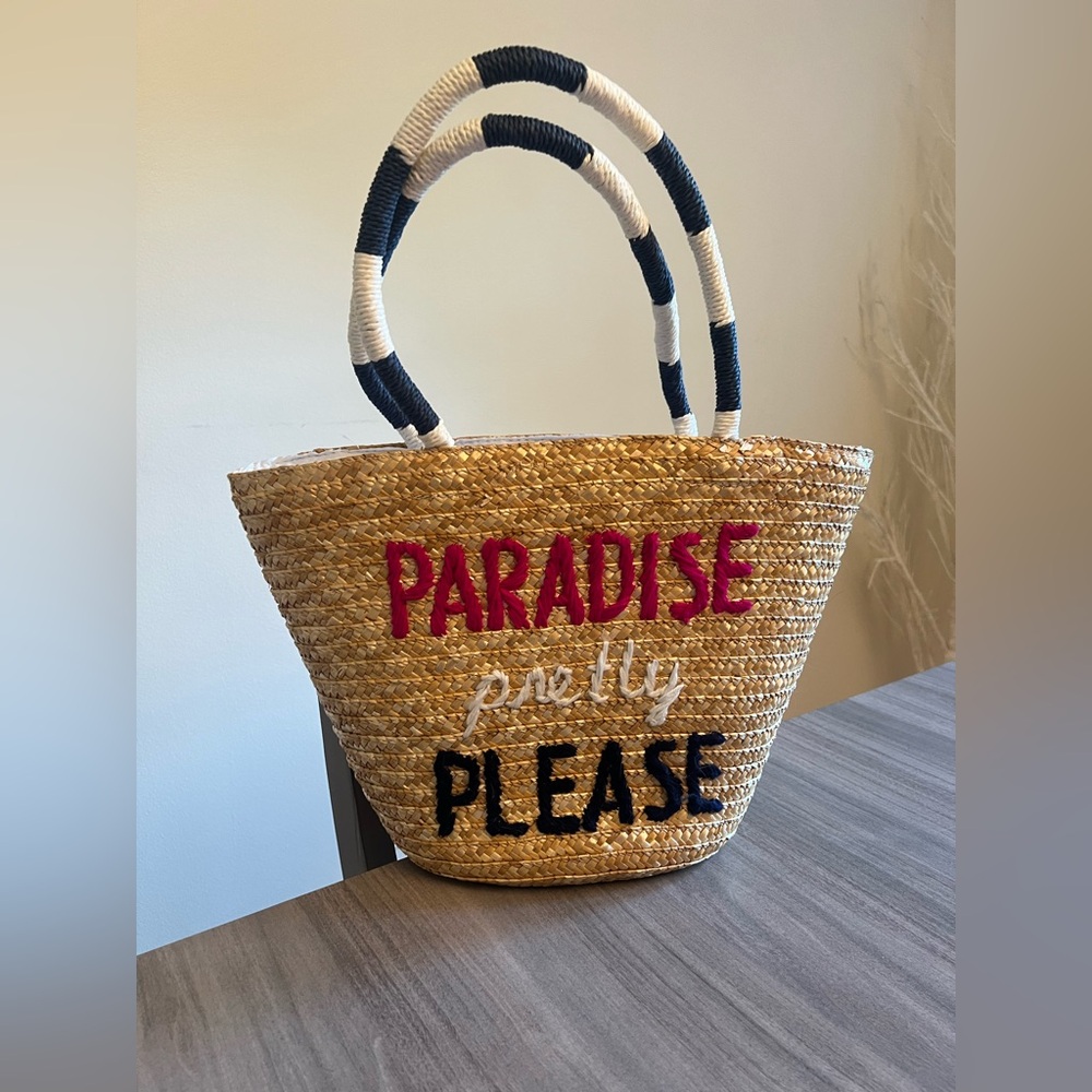 Straw Beach Tote  "Paradise Pretty Please" With Pink, Black And White Accents